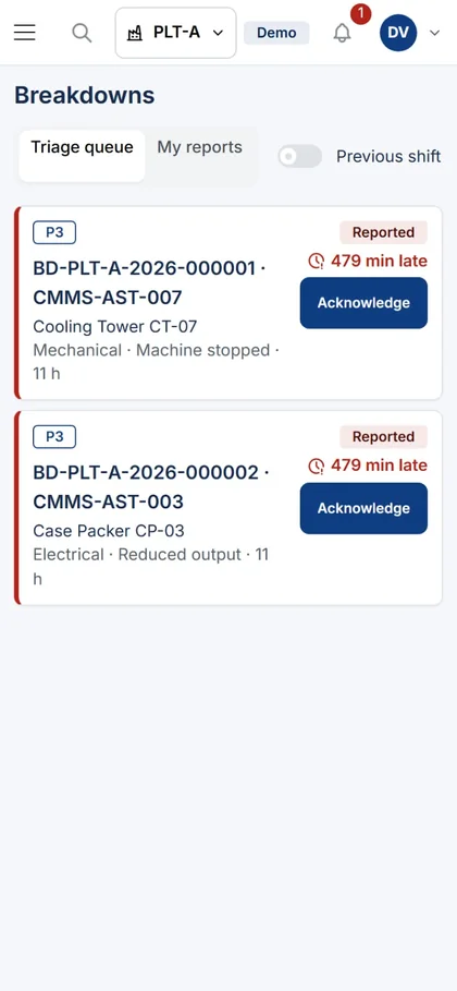 Antrean triase breakdown di HP dengan tombol Acknowledge