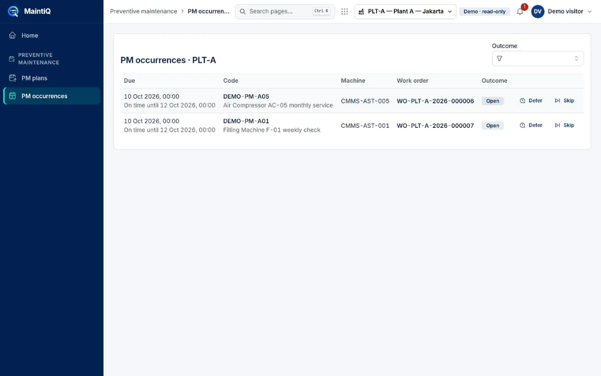 Tabel PM occurrence dengan tanggal jatuh tempo, work order terkait, dan aksi Defer atau Skip