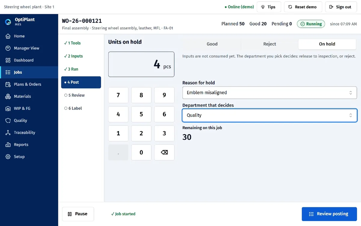 Operator console posting step with Good, Reject and On hold options and a numeric keypad