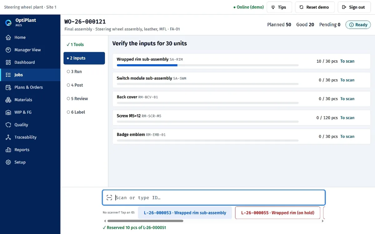 Operator console on the verify inputs step with progress per material