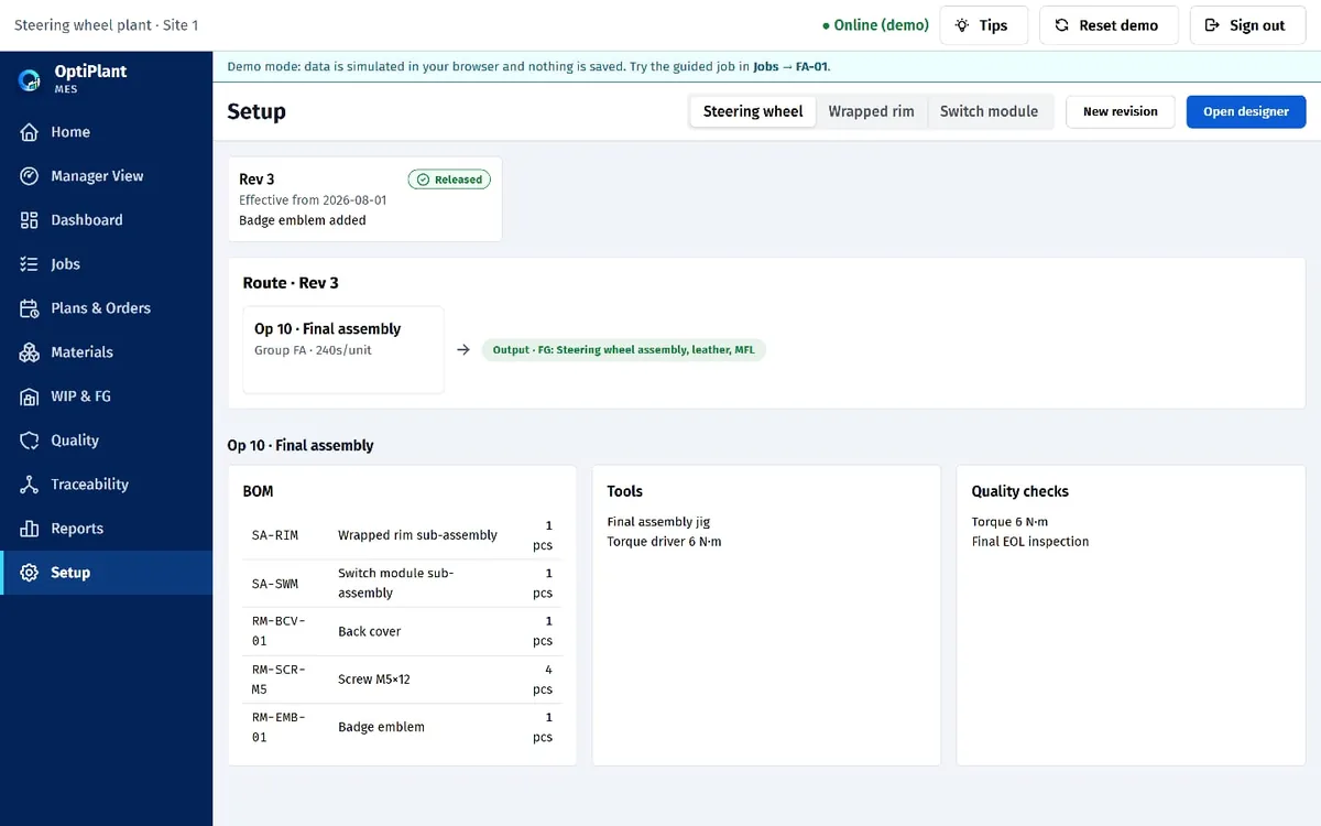Setup page with revisions, route, bill of materials and tools